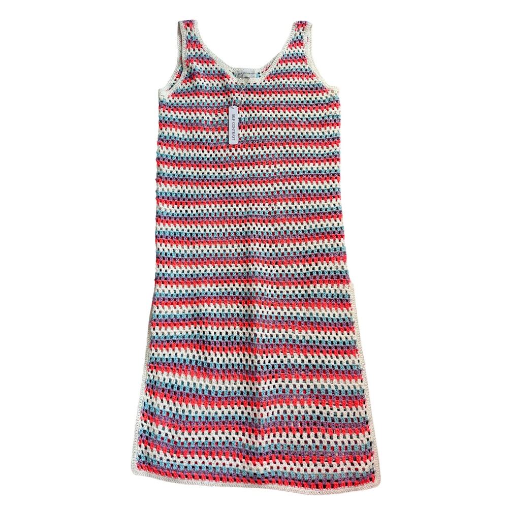 Self Contrast Striped Crochet MIDI Dress New Women Small